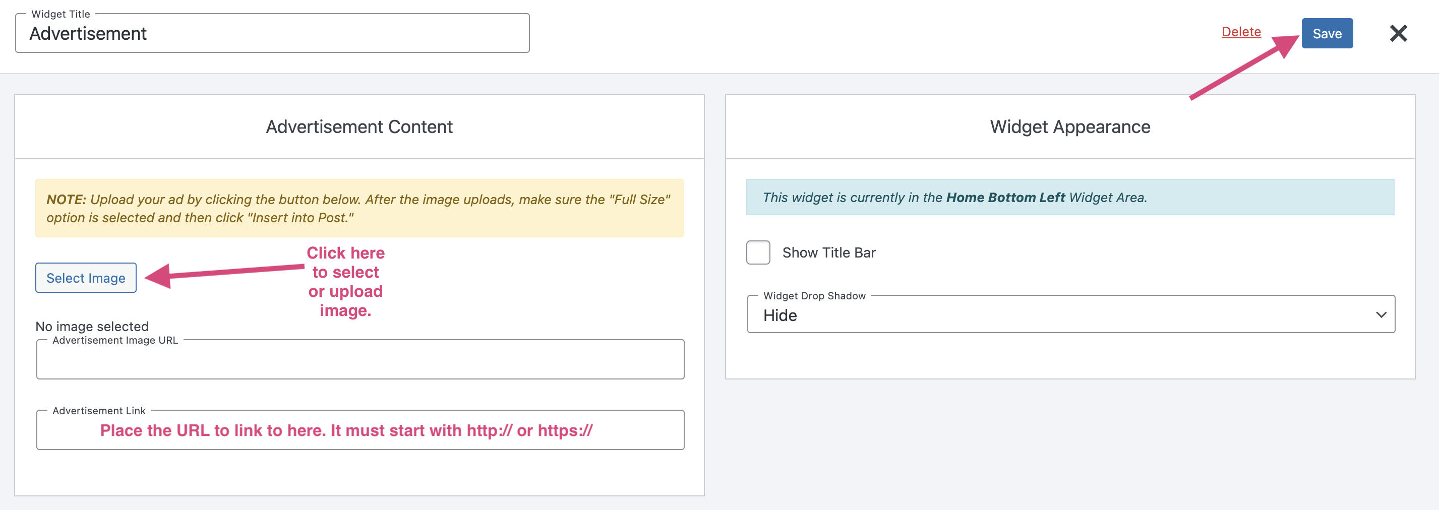 SNO Advertisement widget settings.png